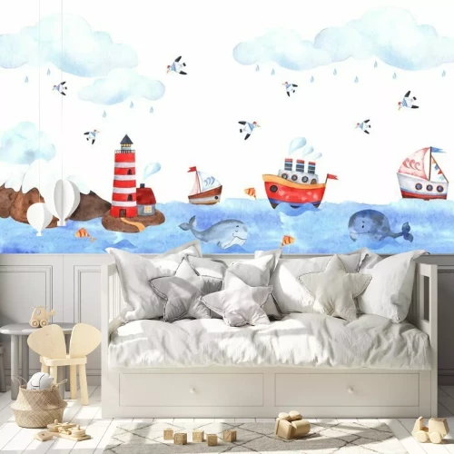 Fototapete Marine composition of watercolor elements with a lighthouse, seagulls, sea, whale, ships, seagulls, stars, clouds and waves. Great for decorating holidays, postcards, textiles, children’s stickers and
