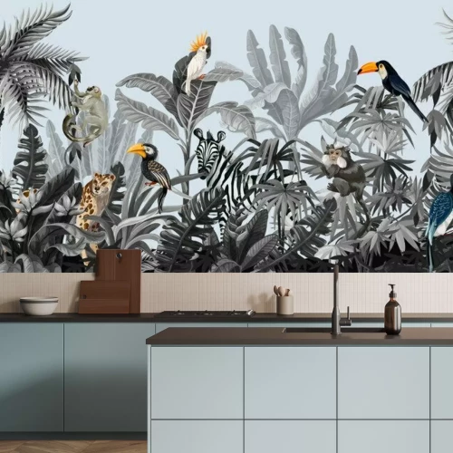 Fototapete Seamless border with jungle trees and animals in monochrome style.