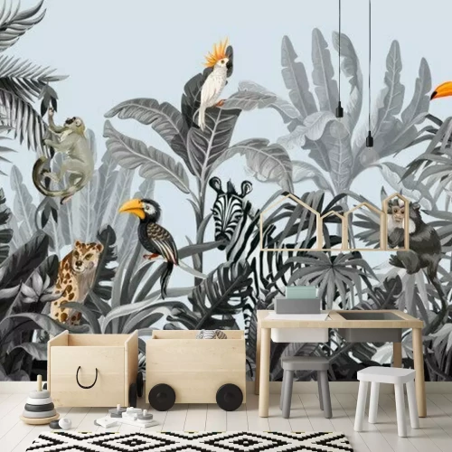 Fototapete Seamless border with jungle trees and animals in monochrome style.