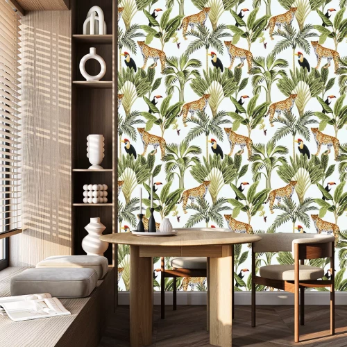 Tapete Mosaik aus tropischen Tieren und Blättern