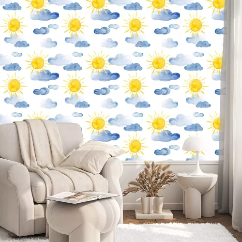 Tapete Yellow sun and blue clouds watercolor weather pattern set