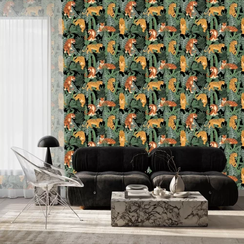 Tapete Safari background with leopard,palm,tiger,leaf.Vector illustration seamless pattern for background,wallpaper,frabic.Editable element