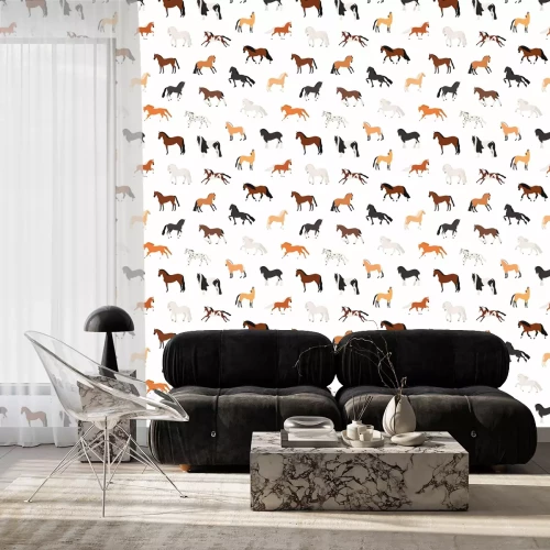 Tapete Pferde in verschiedenen Farben auf weißem Hintergrund