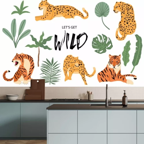 Sticker Cute animal object collection with leopard,tiger. illustration for icon,logo,sticker,printable.Include wording let's get wild