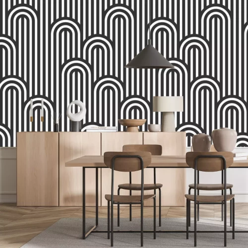 Fototapete Seamless pattern with twisted lines, vector linear tiling background, stripy weaving, optical maze, twisted stripes. Black and white design.