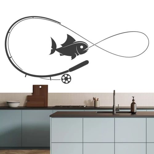 Sticker Fische Angelrute mit einer Grafik eines schwarzen Fisches