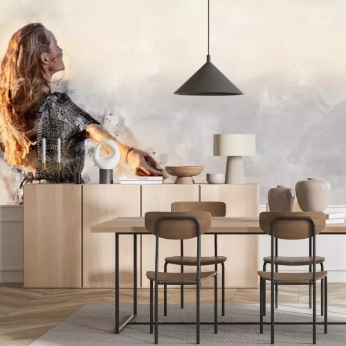 Sticker Christian worship and praise. A young woman is praying and worshiping in the evening. Watercolor style. Copy space.