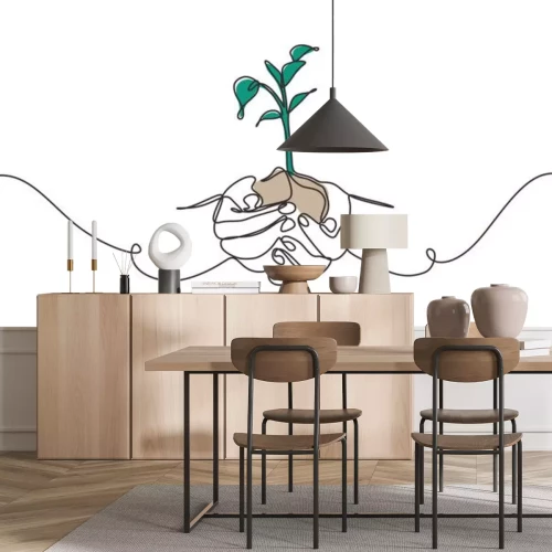 Sticker Continuous one line drawing of plant in hand. Hands holding nature sign and symbol vector illustration. Minimalism design and simplicity sketch hand drawn.