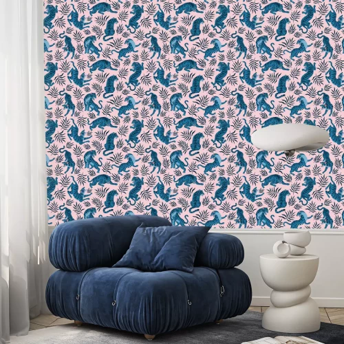 Tapete Tigers and tropical leaves. Trendy illustration. Abstract contemporary seamless pattern.