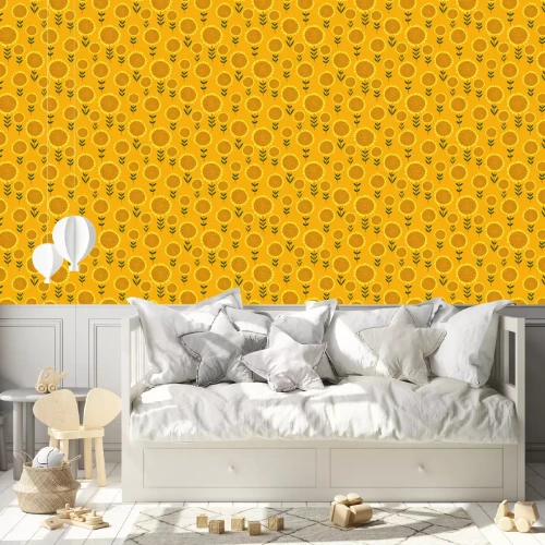 Tapete Colorful seamless pattern with small hand drawn sunflowers on bright yellow background. Cute floral print, abstract Botanical texture, Wallpaper, fabric, wrapping paper... Vector illustration.