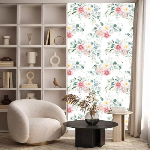 Tapete Seamless watercolor floral pattern with pink & peach cream flowers, leaves composition on white background, perfect for wrappers, wallpapers, postcards, greeting cards, wedding invitations, events.