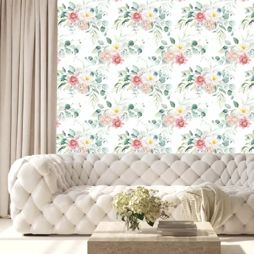 Tapete Seamless watercolor floral pattern with pink & peach cream flowers, leaves composition on white background, perfect for wrappers, wallpapers, postcards, greeting cards, wedding invitations, events.