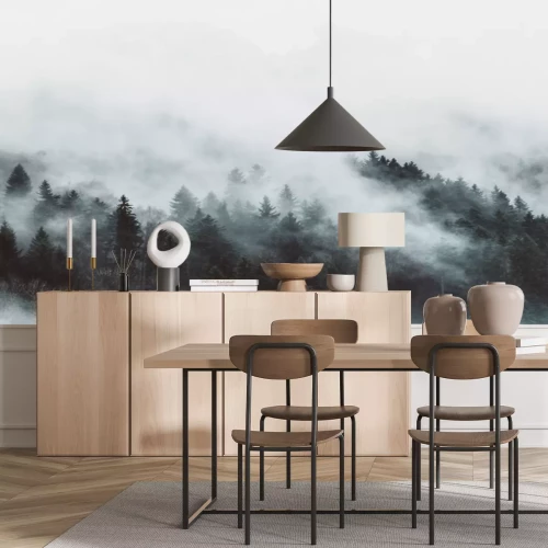 Fototapete Nostalgischer Blick auf einen Wald im Nebel