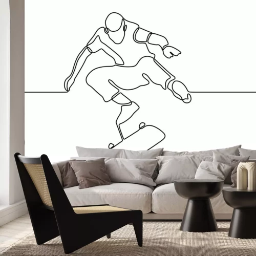 Sticker Continuous one line drawing of skateboard player. Sport vector illustration theme. Person playing game for exercise and hobby isolated on white background.