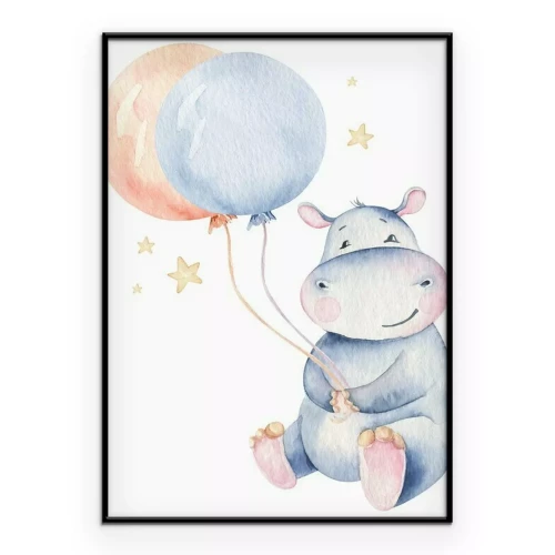 Poster Aquarellgemälde eines Nilpferds, das Luftballons hält