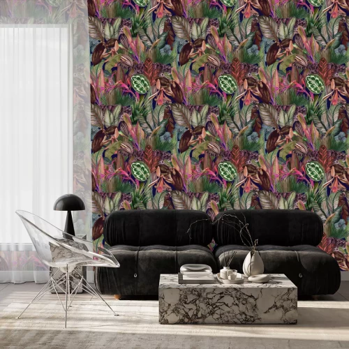 Tapete Aquarell-Muster Wildkatze inmitten von tropischen Blättern