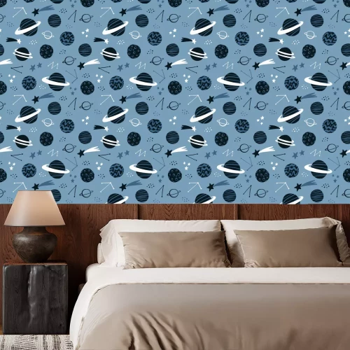 Tapete Space hand drawn seamless pattern with planets, stars, comets,  constellations. Scandinavian design style. Space background for textile, fabric etc. Vector illustration