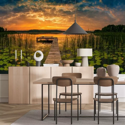 Fototapete Panorama of beautiful sunrise over lake