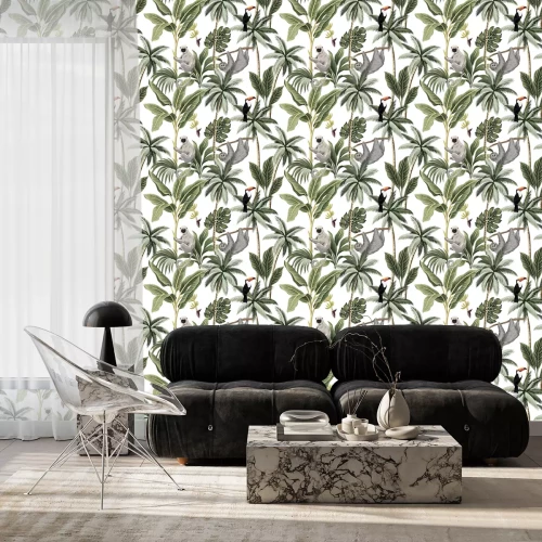 Tapete Exotische Tiere sitzen auf Palmen