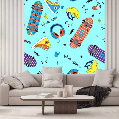 Sticker Childish doodle summer seamless pattern with skateboard and music.