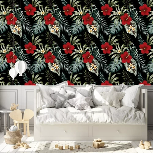 Tapete Rote und weiße Blüten mit tropischen Blättern