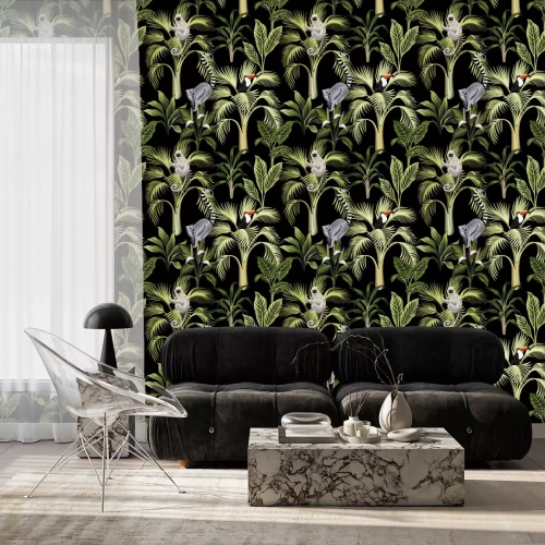 Tapete Tiere auf exotischen Bäumen auf schwarzem Hintergrund