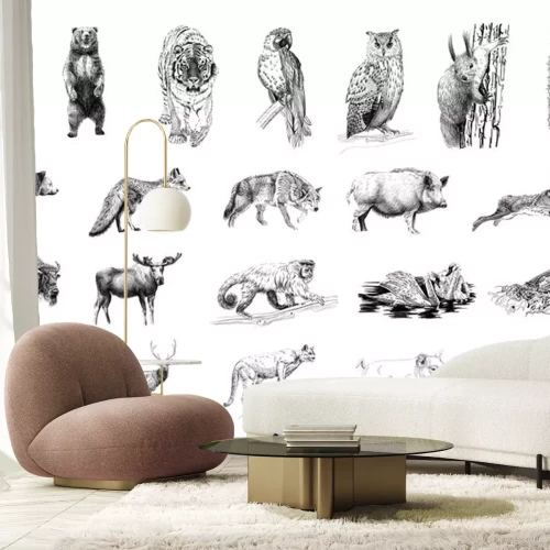 Sticker Schwarz-weiße Tiere realistische Zeichnung