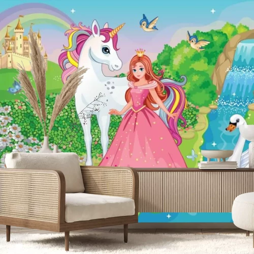 Fototapete Prinzessin und Einhorn im Märchenland mit Schloss