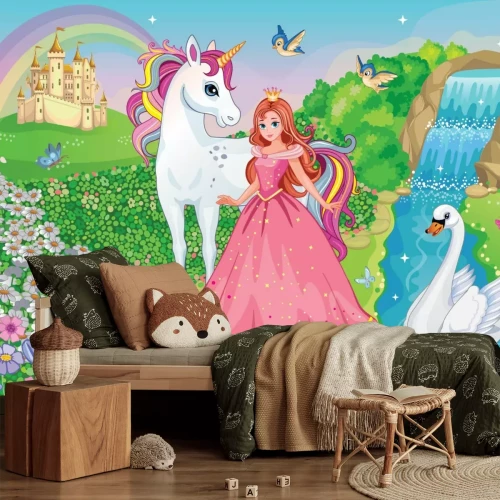 Fototapete Prinzessin und Einhorn im Märchenland mit Schloss