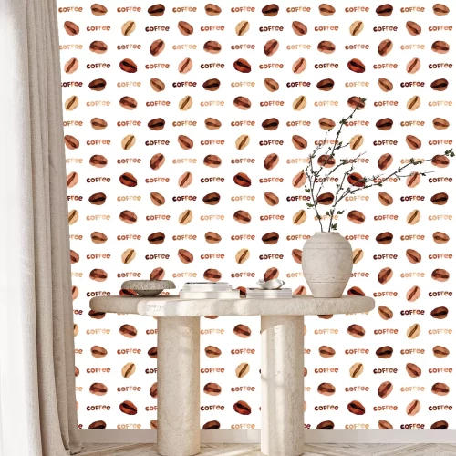 Tapete Vector watercolor illustrated and painted brown coffee beans and lettering pattern set