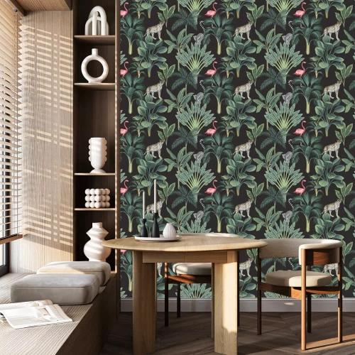 Tapete Tropical vintage wild animals, flamingo, palm trees, banana tree floral seamless pattern dark background. Exotic botanical jungle wallpaper.