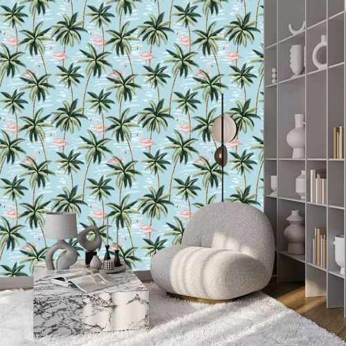 Tapete Tropical vintage pink flamingo and palm trees floral seamless pattern blue background. Exotic jungle wallpaper.