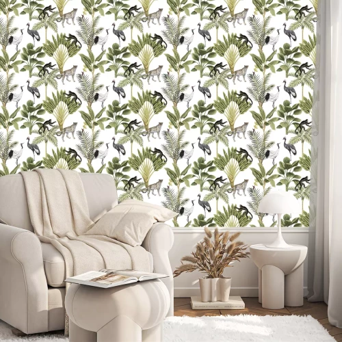 Tapete Tropische Tiere und Pflanzen in gedeckten Farben