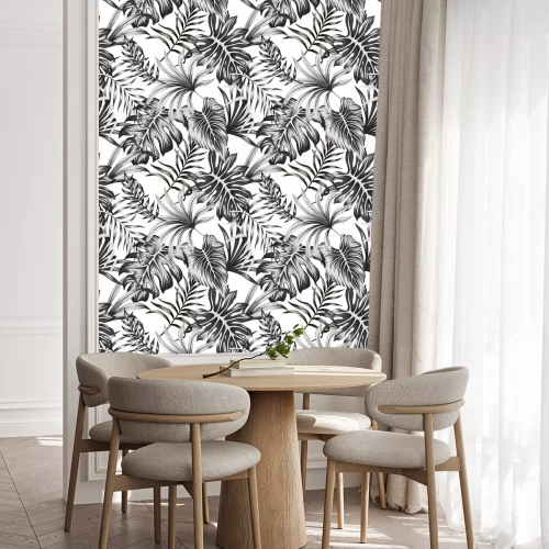Tapete Tropical black and white palm leaves seamless pattern white background. Exotic jungle wallpaper.