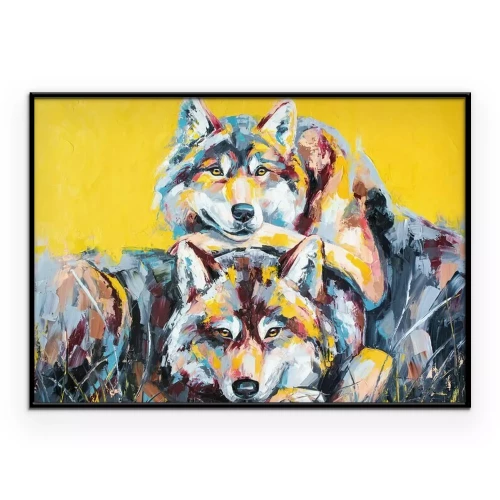 Poster Gemälde von Wölfen auf gelbem Hintergrund