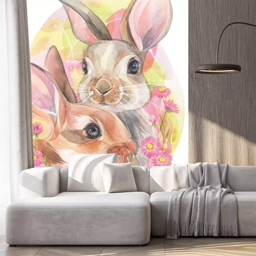 Sticker Aquarell-Hasenpaar inmitten von rosa Blumen