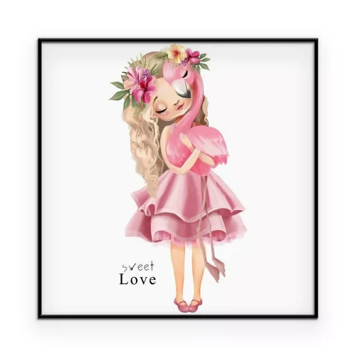 Poster Ein Mädchen umarmt einen Flamingo