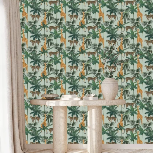 Tapete Giraffen und Leoparden zwischen Palmen