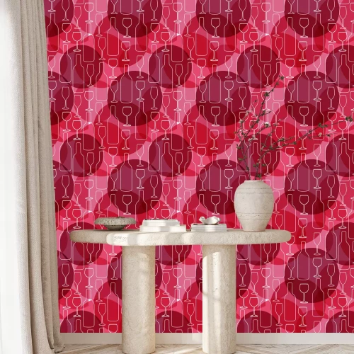 Tapete Seamless background with wine bottles and glasses. Bright colors pattern for web, poster, textile, print and other design