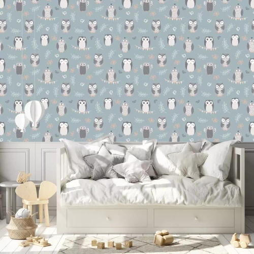 Tapete Ästhetische Eulen auf hellblauem Hintergrund