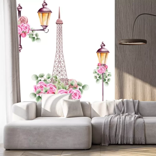 Sticker City lamps and eiffel tower decorated with rose flowers and green leaves. Watercolor vector