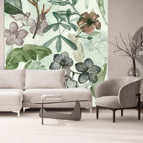 Sticker Seamless watercolor pattern with tropical flowers, magnolia, orange flower, vanilla orchid, tropical leaves, banana leaves