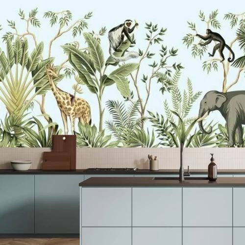 Sticker Tropical vintage botanical landscape, palm tree, banana tree, plant, palm leaves, giraffe, monkey, elephant floral seamless border blue background. Jungle animal wallpaper.