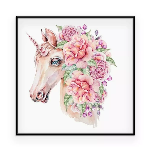 Poster Aquarell-Einhorn mit üppigen Blüten