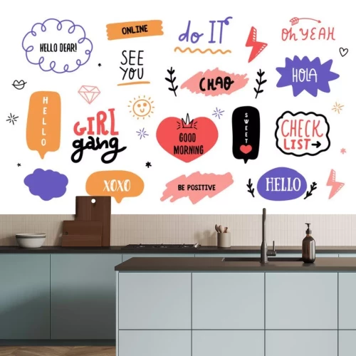 Sticker Bunte Slogans zwischen fröhlichen Grafiken