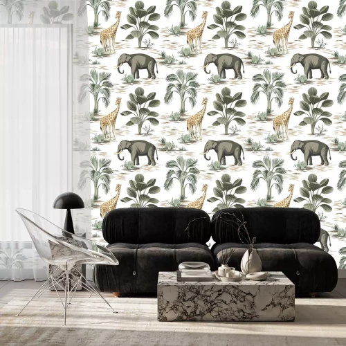 Tapete Tropical vintage elephant, giraffe wild animals, palm tree and plant floral seamless pattern white background. Exotic jungle safari wallpaper.