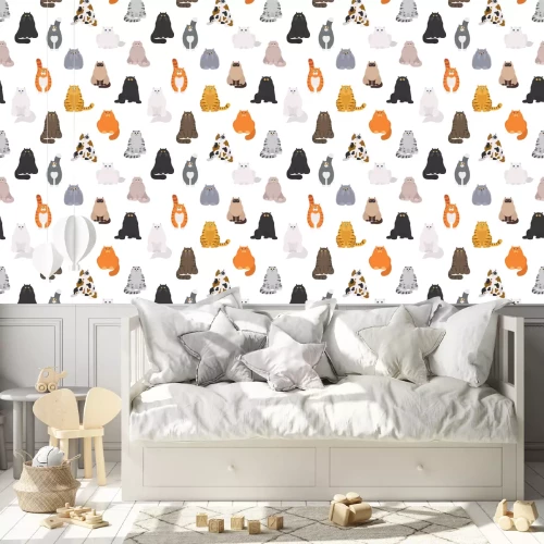 Tapete Rote weiße schwarze Katze auf weißem Hintergrund