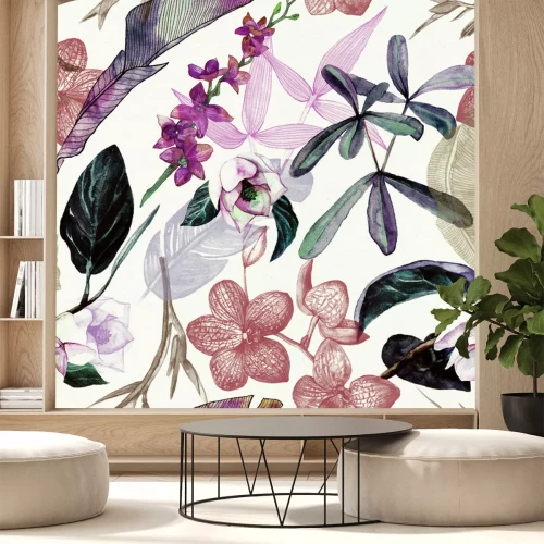 Sticker Seamless watercolor pattern with tropical flowers, magnolia, orange flower, vanilla orchid, tropical leaves, banana leaves