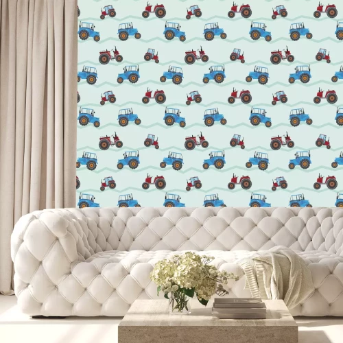 Tapete A seamless pattern with farm tractors, a vector stock illustration with red and blue flat agricultural machines for printing