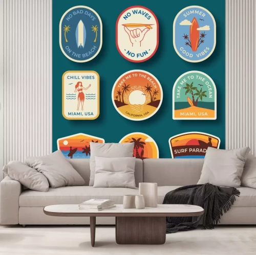 Sticker Set of nine beach badges. Hand drawn palm trees and beach elements in retro style. Summer labels, badges and icons